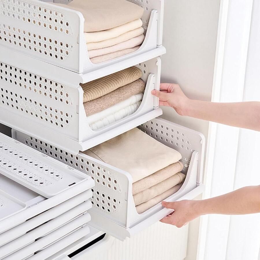 3-delige Stapelbare Kast Organizer Opbergdoos Kunststof Opvouwbare Opbergkist Ladesysteem voor slaapkamer keuken badkamer Wit