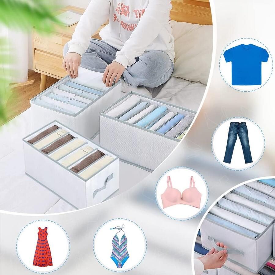 3 stuks upgrade lade kleding opbergdozen met steunbord kledingkast jeans broek organizer opslag 7 roosters opvouwbare kastverdelers voor shirt legging broek S+M+L (grijs) - Foto 2