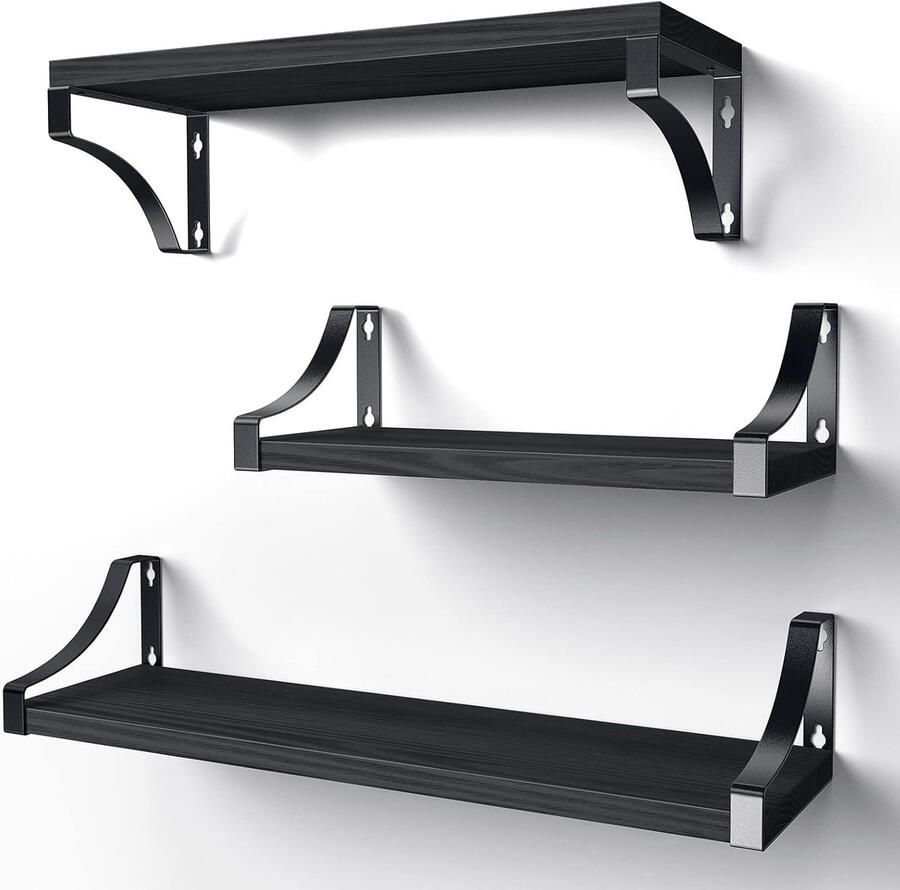 Retadou 3 stuks wandplanken van hout en metaal wandplanken voor opslag rustieke metaaldraad voor woonkamer slaapkamer kantoor badkamer of keuken (zwart)