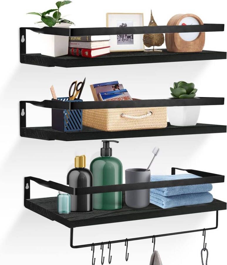 3 stuks wandrek keuken keukenrek wandrek zwevend rek hout van handdoekhouder en 6 metalen haken voor keuken badkamer woonkamer wasruimte slaapkamer 42 x 15 cm (zwart)