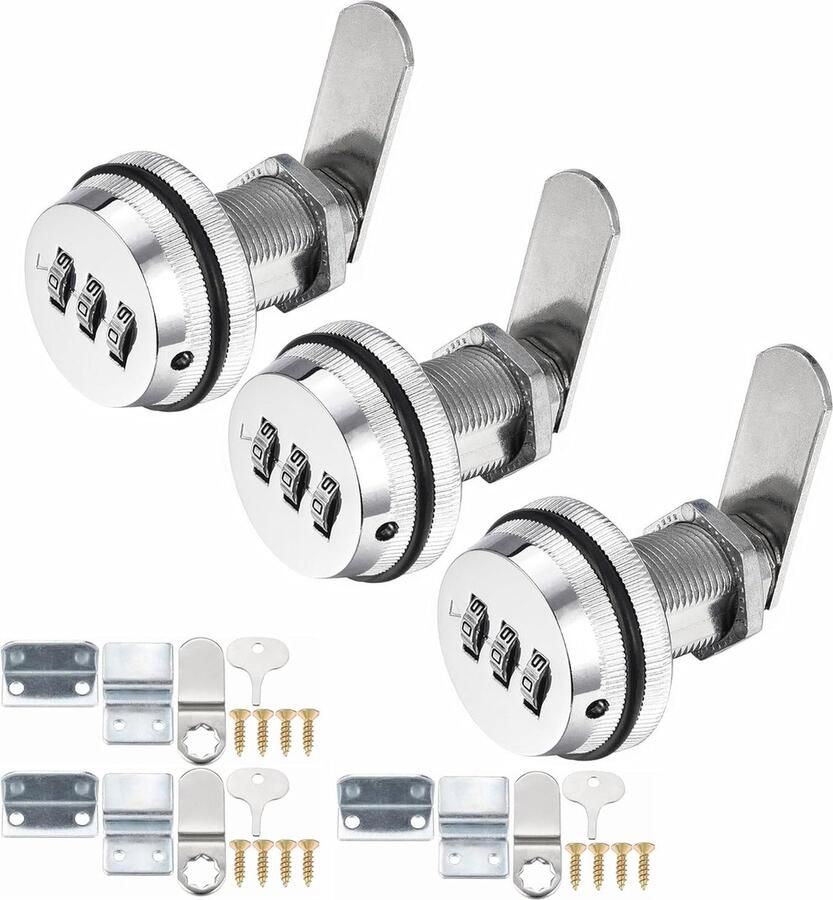 3 Stuks (zilver) Voor 15-25mm Paneeldikte combinatiekast-camlock met wachtwoordcodeslot met 1-1 8'' cilinder en chromen afwerking beveiligings-combi-camsloten voor Locker Kastdeur Archiefkast Brievenbussen Ladekast