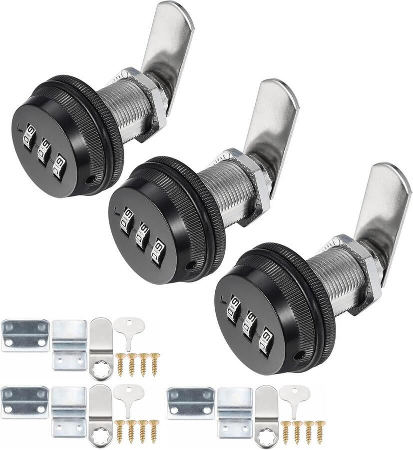 3 Stuks (zwart) Voor 15-25mm Paneeldikte combinatiekast-camlock met wachtwoordcodeslot met 1-1 8'' cilinder en chromen afwerking beveiligings-combi-camsloten voor Locker Kastdeur Archiefkast Brievenbussen Ladekast