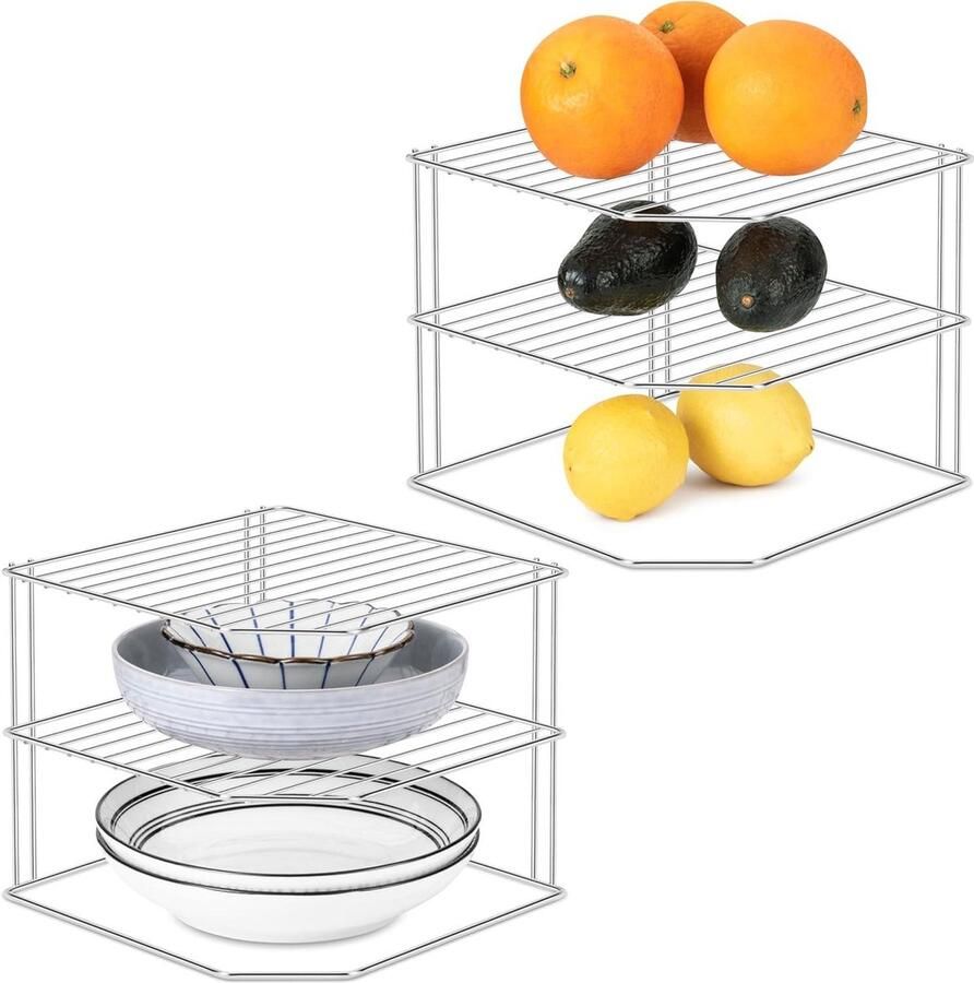 3 Tier Corner Shelf Organizer Rack Metalen Draad Pantry Opslag Plank voor Keuken Aanrecht en Kast 2-Pack Borden Kopjes Gerechten Organisator