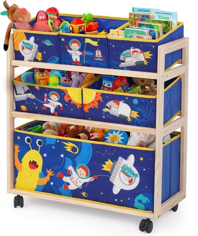 3-Tier Houten Kinderen Opbergrek met Wielen Kids Speelgoedopslag Organizer 6 Afneembare Opbergbakken Extra Grote Capaciteit Boekenplank Boekenkast Display Stands Multi Kast voor Boeken Boekenkast kind