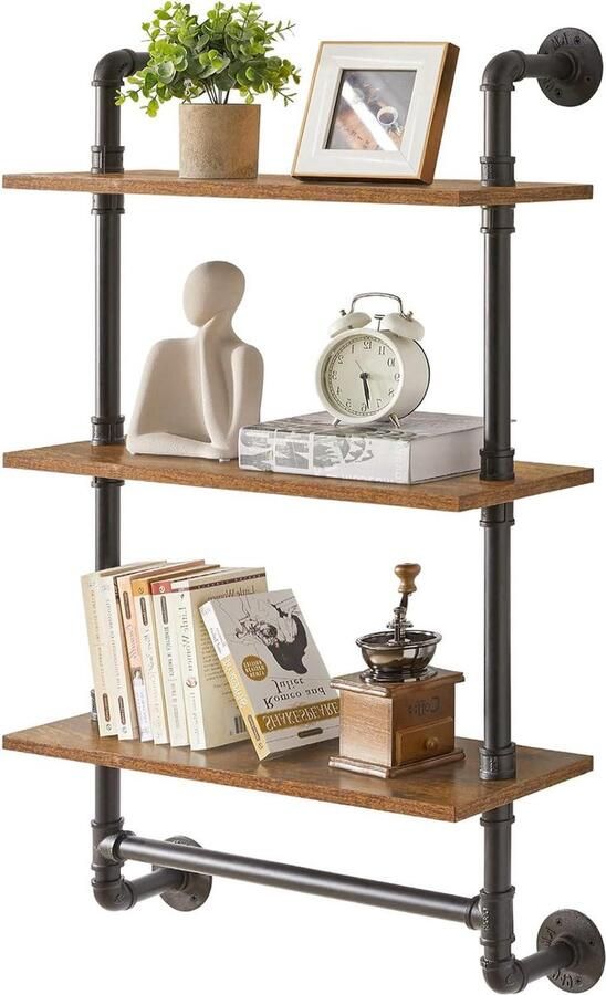 3-Tier Industriële Pijp Wandplanken Rustiek Design Geschikt voor Woonkamer Keuken & Slaapkamer 3 Stuks Zwart Metaal & Hout