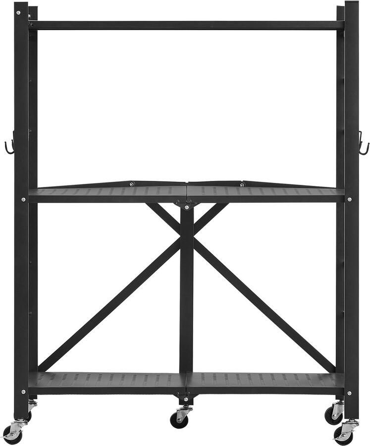 3-Tier Opvouwbare Opbergplank 28 X 13 X 36 Inch Metalen Vouwrek met Wielen en Haken No-Assembly Organisator voor Keuken Pantry Garage Kelder Zwart