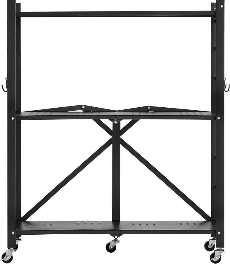 3-Tier Opvouwbare Opbergplank 30 X 13 X 36 Inch Metalen Plankenseenheid met Wielen en Haken No-Assembly Organisator voor Keuken Pantry Garage Kelder Zwart