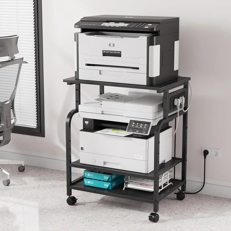 Retadou 3-traps printertafel met stopcontact en USB-poorten verstelbare planken rollende printerstandaard voor thuiskantoor 3D- laserprinter hittepers (zwart)