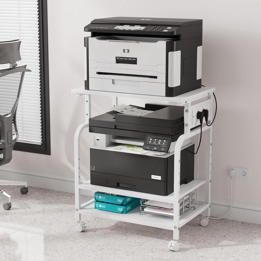 Retadou 3-traps printertafel met stopcontact en USB-poorten verstelbare planken rollende printerstandaard voor thuiskantoor 3D- laserprinter hittepers (wit)