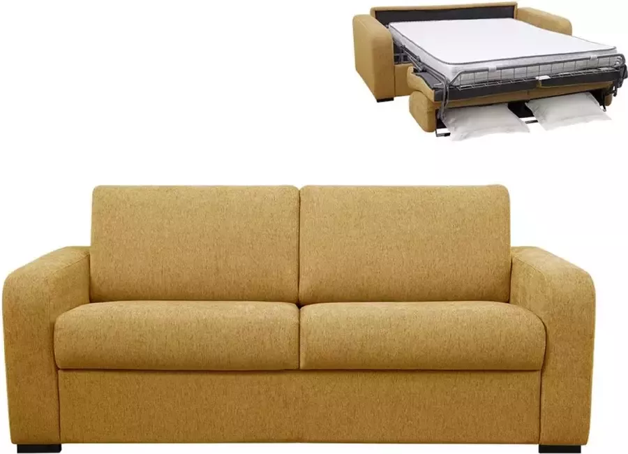 Vente-unique 3-zits express slaapbank van mosterdgele stof Matras 13 cm BEVIS L 198 cm x H 88 cm x D 208 cm - Foto 3