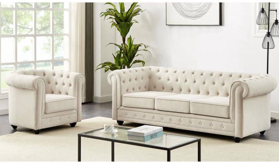 Vente-unique 3-zitsbank en fauteuil van beige stof CHESTERFIELD L 205 cm x H 72 cm x D 88 cm