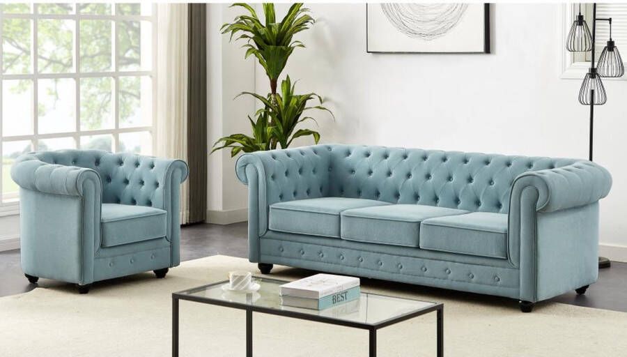 3-zitsbank en fauteuil van lichtblauwe stof CHESTERFIELD L 205 cm x H 72 cm x D 88 cm