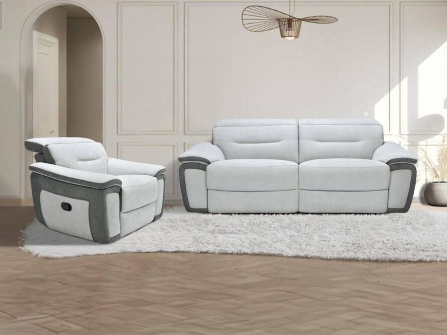 Relax-zitbank met 3 plaatsen en relax-fauteuil in tweekleurige microvezel donkergrijs en lichtgrijs PARUA L 203 cm x H 75 cm x D 102 cm