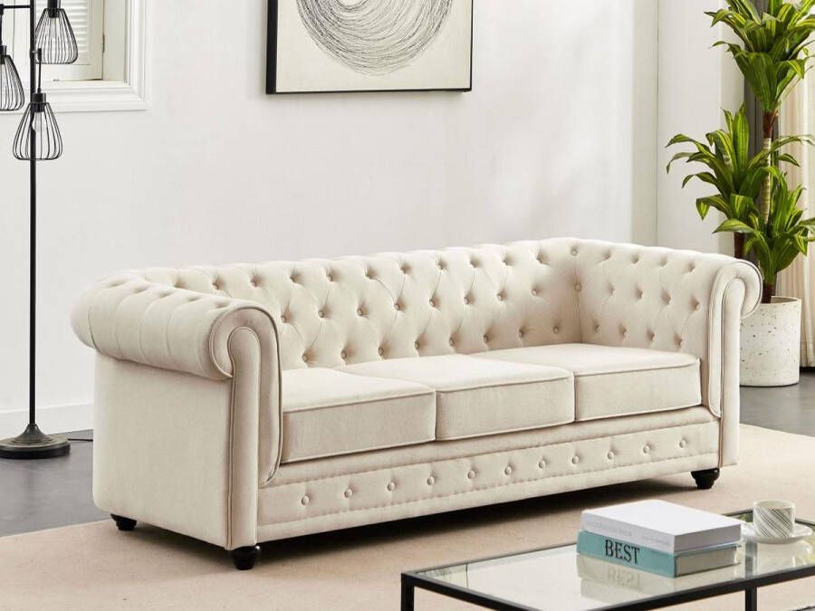 Vente-unique 3-zitsbank van beige stof CHESTERFIELD L 205 cm x H 72 cm x D 88 cm - Foto 3