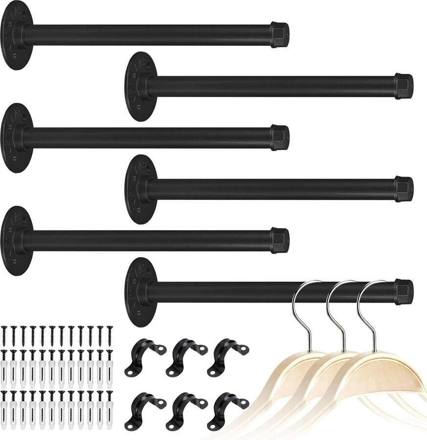 30 cm zwart mat industriële buizen muur kledingstang set van 6 vintage kapstok garderobehaken wandmontage