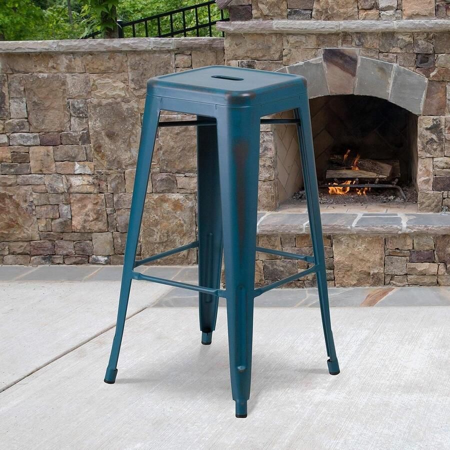30 inch hoge rugloze noodlijdende metalen binnen-buiten barkruk set van 4 antiek blauw commerciële kwaliteit Barkruk