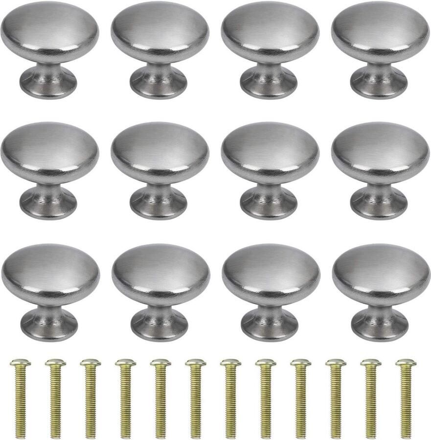 30 mm meubelknoppen ronde kastknoppen met legering schroef set van 12 stuks zilver geborsteld