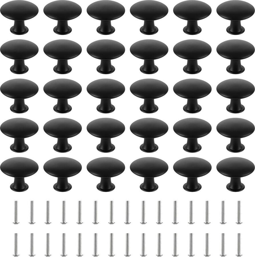 30 stuks kastknoppen van zinklegering en roestvrij staal 30 x 22 mm ronde meubelknoppen met schroeven deurknoppen zwart voor kast lade en meubels