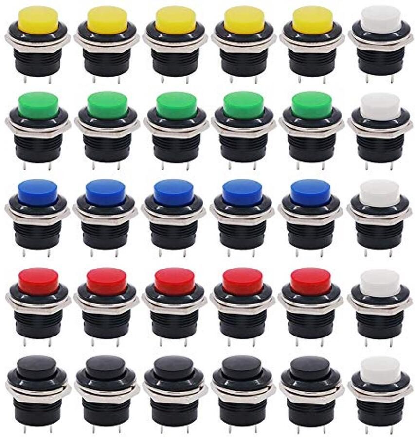 30 stuks premium 16 mm ronde drukknopschakelaar 2-polige SPST kunststof drukknopschakelaar in 6 kleuren