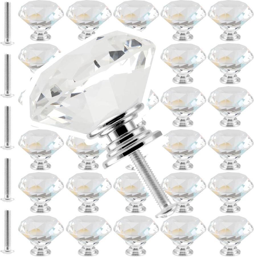 Allecto plus Set van 30 transparante kristallen deurknoppen 30 mm diamantvormige handgrepen van K9 kristal voor kasten laden en deuren in huis Decoratieve knoppen met glazen uitstraling