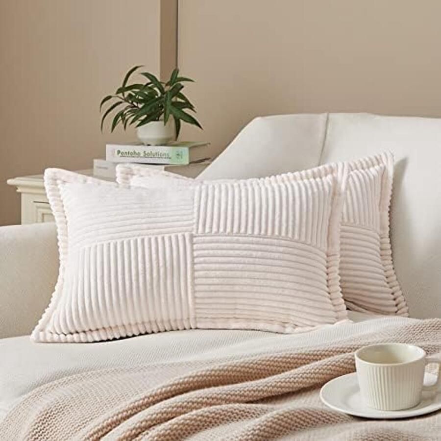 30 x 50 cm Kussenhoes Crème Set van 2 Corduroy Velvet Kussenhoezen Decoratieve Kussens voor Woonkamer Bank Slaapkamer