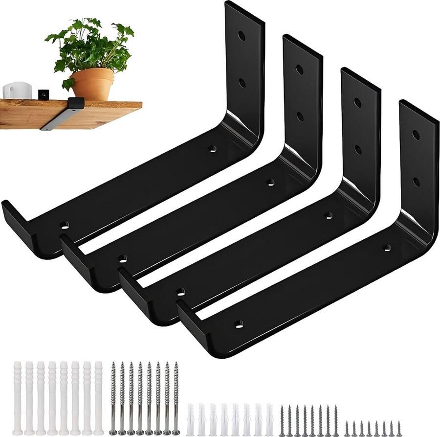 300 mm plankhouder zwart 4 stuks plankhoeken zwart metaal 90 graden wandhouder metaal zware belasting wandhoek met schroeven en anker (300 x 110 x 30 mm)