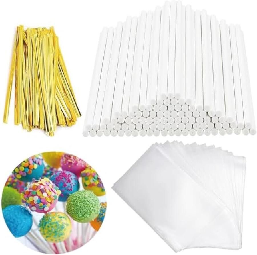 300 stuks cakepopstelen 100 stuks pakketzakken 100 stuks stelen voor cakepops van papier en 100 stuks gedraaide stropdassen voor het maken van lolly's cake desserts