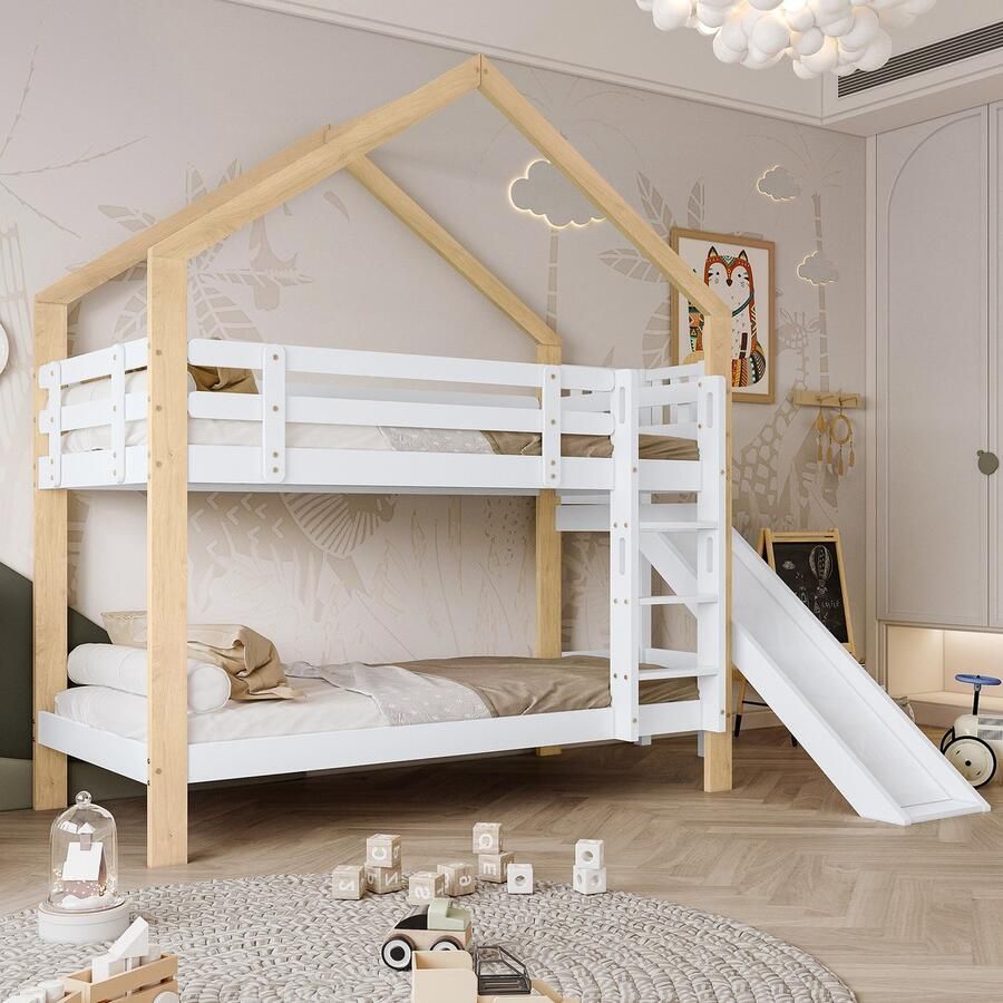 [30955960NAA]Etagenbed met sleiper en drietraps hoeklappingstrap huisbed met stortbeveiliging kinderbed bedframe van massief hout Wit+Natuur 90x200cm