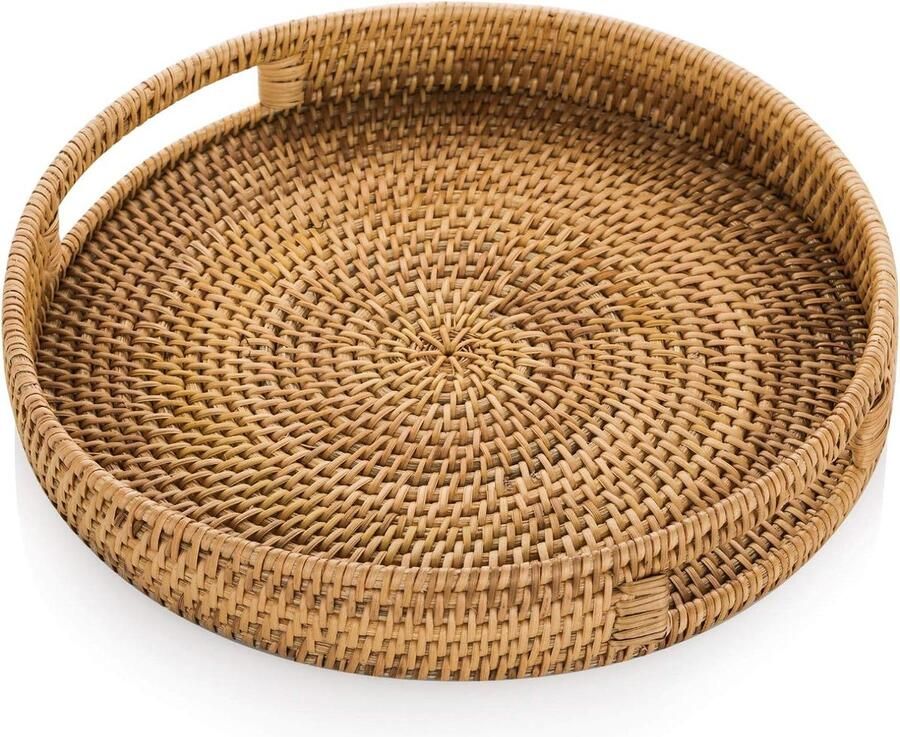 Ronde Rotan Dienblad 35cm Hand Geweven Rieten Dienblad Rustieke Decoratieve Dienblad Ontbijt Dranken Snack Brood Koffietafel Bar Diner Feesten Keuken Organizer