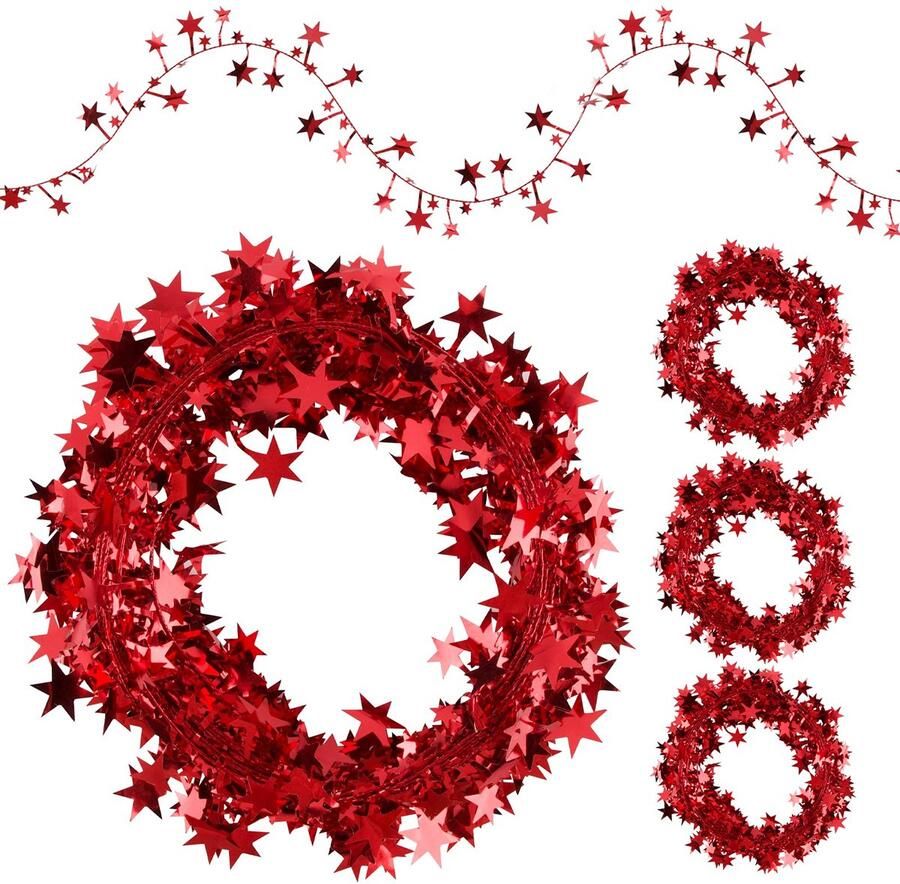 30m star garland colorful shimmering foil tinsel wreath star shaped tinsel wire garland for Christmas trees decoration home wedding birthday party festive ornament (red)