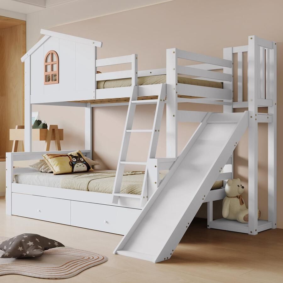 HAUSS SPOLE Stapelbedden Voor Kinderen 90x200 120x200 Kinderstapelbed Met Ladder Glijbaan En 2 Laden MDF Wit