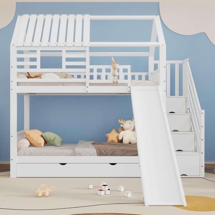 [318719012WAA]Etagenbed met trap en slijp huisbed trap met opslagruimte frame van Kiefernhout en MDF kinderbed met raam en dak met parachute raster en lade Wit 90x200cm*2