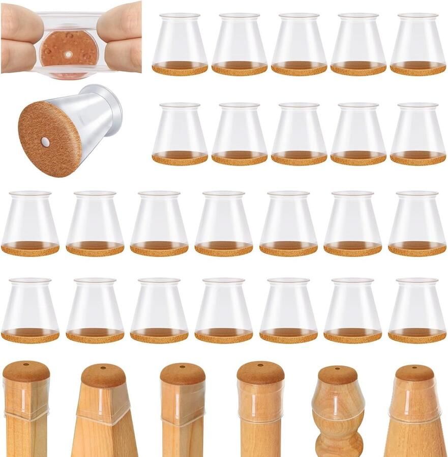 32 stuks Klein Formaat Stoelpootbeschermers Ø 13-22 mm (0.5-0.89) Silicone met Hoogwaardig Vilt Kras- en Geluidvrij voor Parket Tegel & Laminaat Klemt Stevig op Smalle Stoelpoten