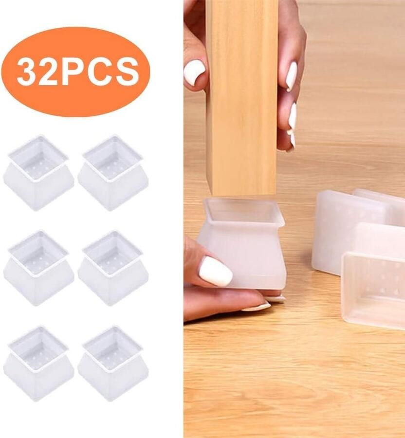 32 stuks Stoelpoot Doppen Stoelpoot beschermers Vloerbescherming Vierkant- wit siliconen 40*40*30mm