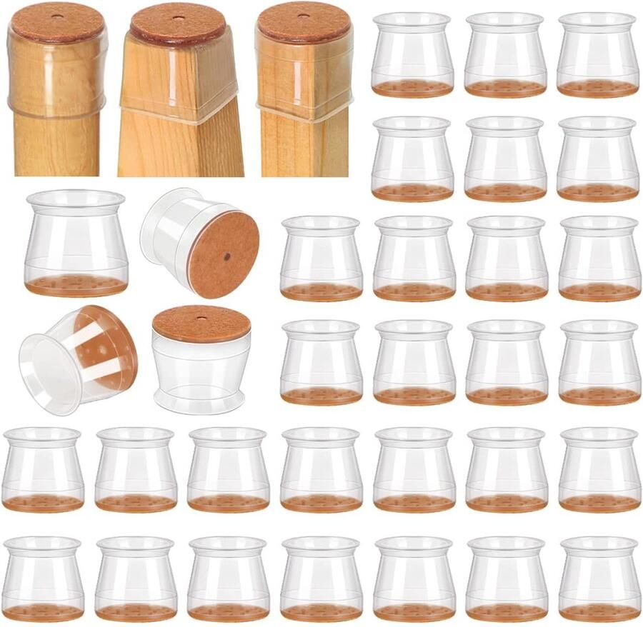 32 stuks stoelpootdoppen beschermkappen voor stoelpoten stoelglijders transparante siliconen stoelpootbeschermers met viltglijders voor hardhouten vloeren voor ronde en vierkante stoelpoten (pasvorm: 33-50 mm)