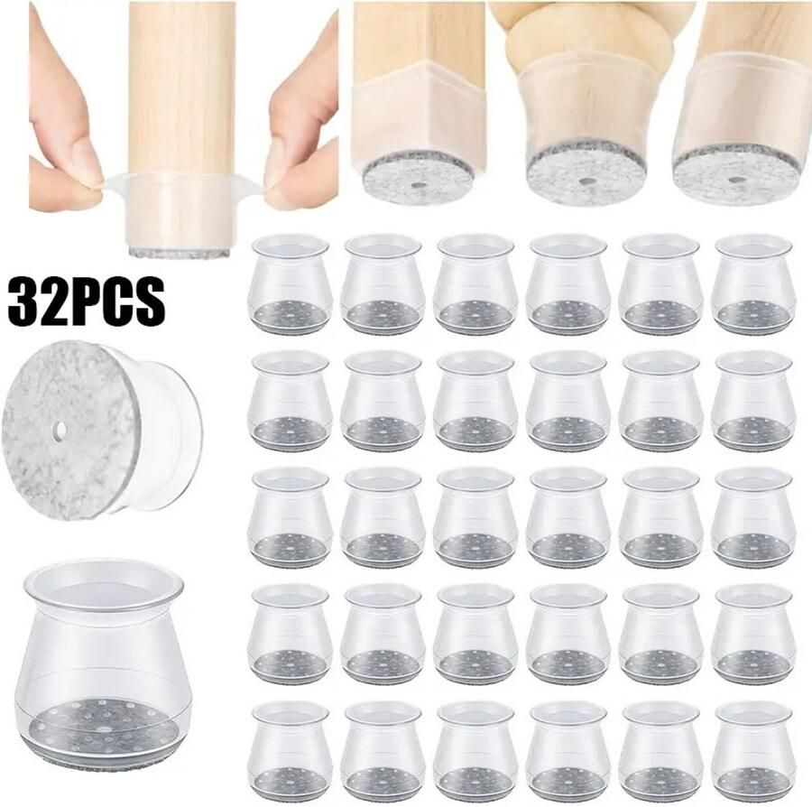 32 stuks transparante siliconen stoelpootbeschermers met vilten onderkant meubelpootbeschermers voor hardhouten vloeren geen spijkers lijm nodig herbruikbare rubberen stoelpootbeschermers (grijs)