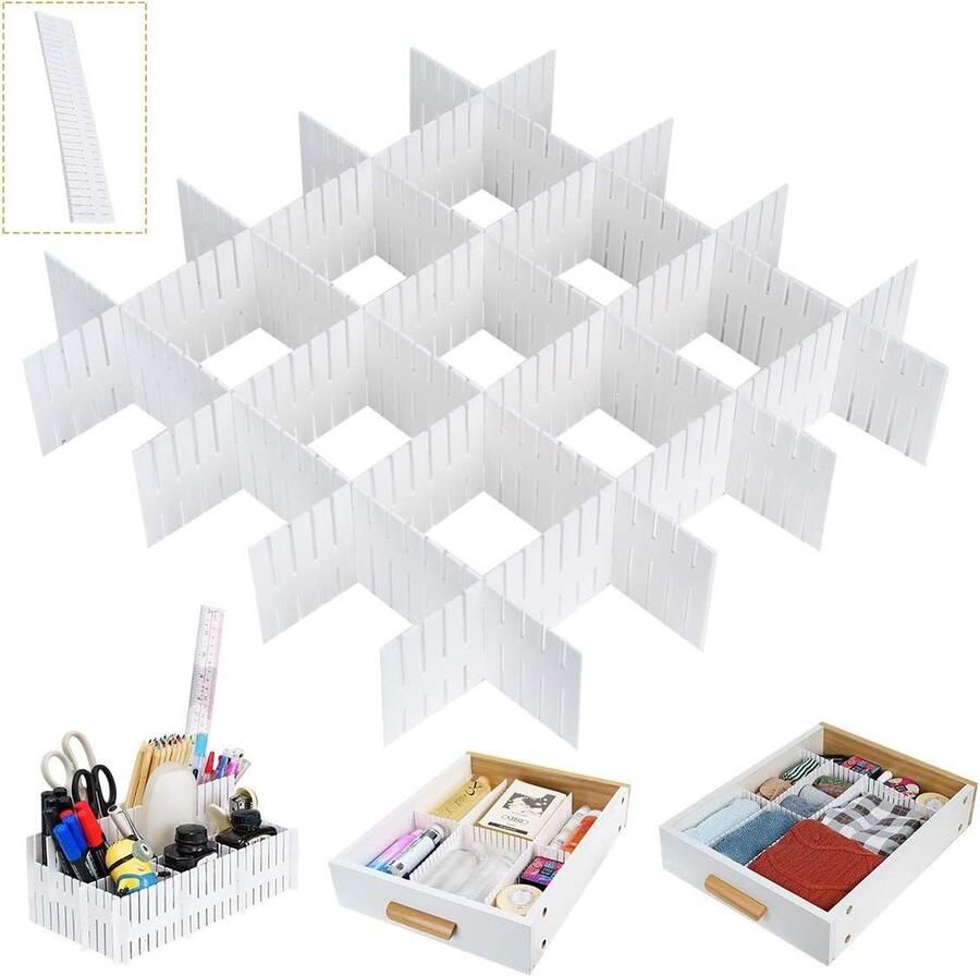 32 stuks verstelbare rooster ladeverdelers doe-het-zelf plastic kastafscheider opgeruimde organizer container voor ondergoed sokken wit