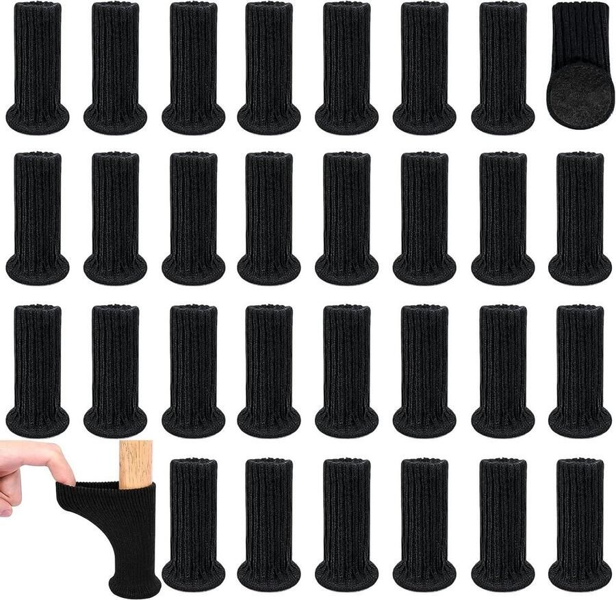 32 stuks zwart gebreide elastische stoelpootdoppen met vilten kussens stoelpootbeschermers voor hardhouten vloeren tegels laminaatvloeren voorkomt krassen en lawaai stoelpootbeschermers