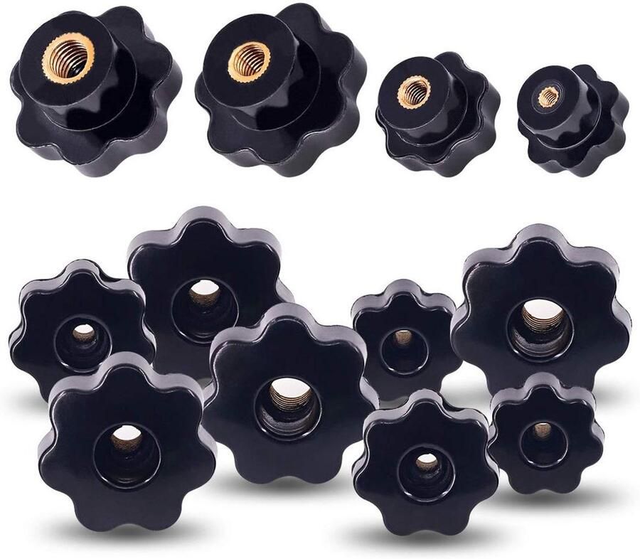 32Pcs 7 Ster Door Gat Knop Vrouwelijke Draad Moer Klemknop Grip Assortiment Kit Star Shape Handknoppen Zwart Plastic Schroef-On Handvat Klemknop voor Mechanische Apparatuur