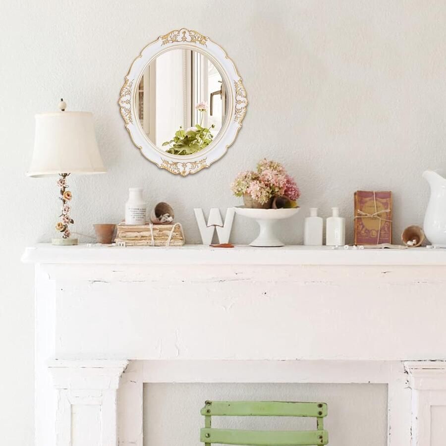 33 x 37 6 cm decoratieve wandspiegel vintage hangende spiegels voor slaapkamer woonkamer dressoir decor ovaal (wit)