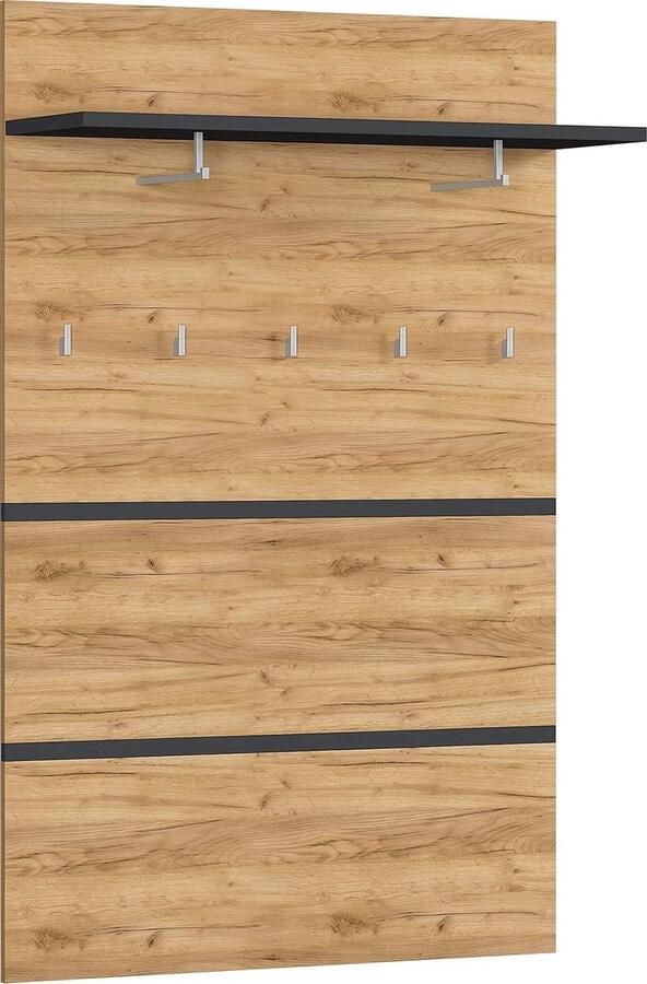 3475-562 GW Lisbon Coat Rack Panel in Anthracite Navarre Oak Modern Coat Stand with Clothes Rod and Hooks 96 x 147 x 30 cm halmeubel met kapstok