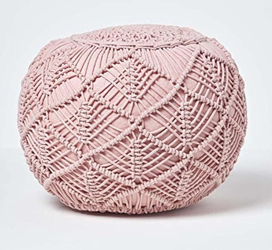 35 cm Hoog Roze Macrame Gehaakte Poef van 100% Katoen Duurzaam en Stijlvol