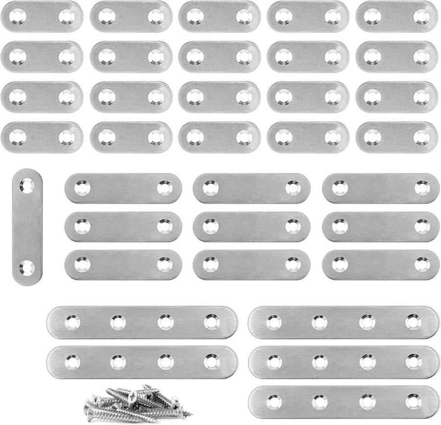 35 stuks platte roestvrijstalen hoekbeugels voor meubelreparatie 3 maten (37 mm-57 mm-97 mm) inclusief 80 schroeven