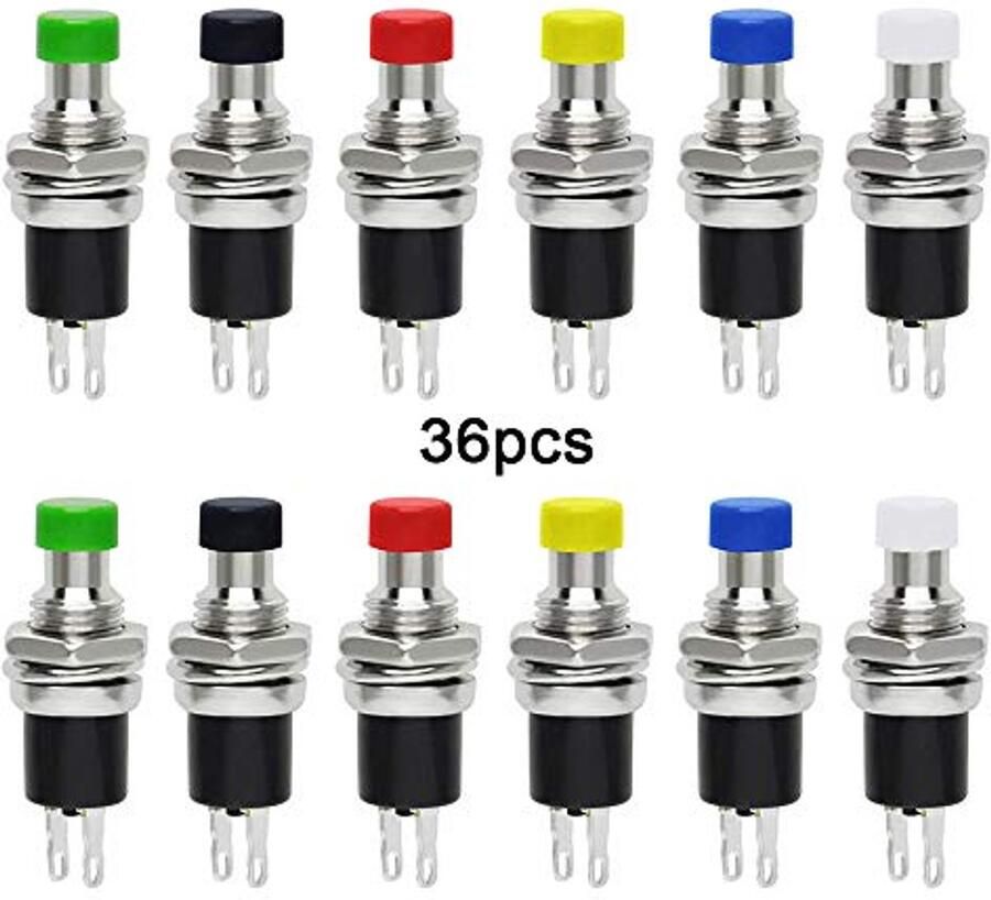 36 Stuks 7 mm Mini Drukknopschakelaars Momentaan Normaal Open 2-polig SPST Micro-schakelaar in 6 Kleuren