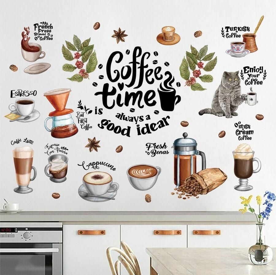 36 stuks Muursticker Koffietijd Keukenspreuken en citaten Muurstickers met koffiekat koffiekopje en koffiebonen Muurdecoratie met koffie als cadeau voor de woonkamer eetkamer koffiebar keuken en kast