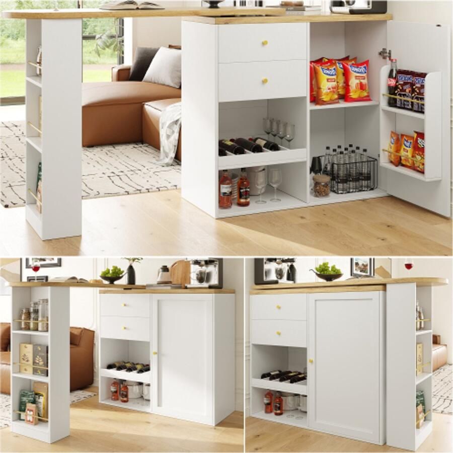 360° draaibare bartafel (hoofdgedeelte 105 x 39 x 102 cm) met 4 lades en open opbergvakken geschikt voor eetkamer werkkamer woonkamer enz wit
