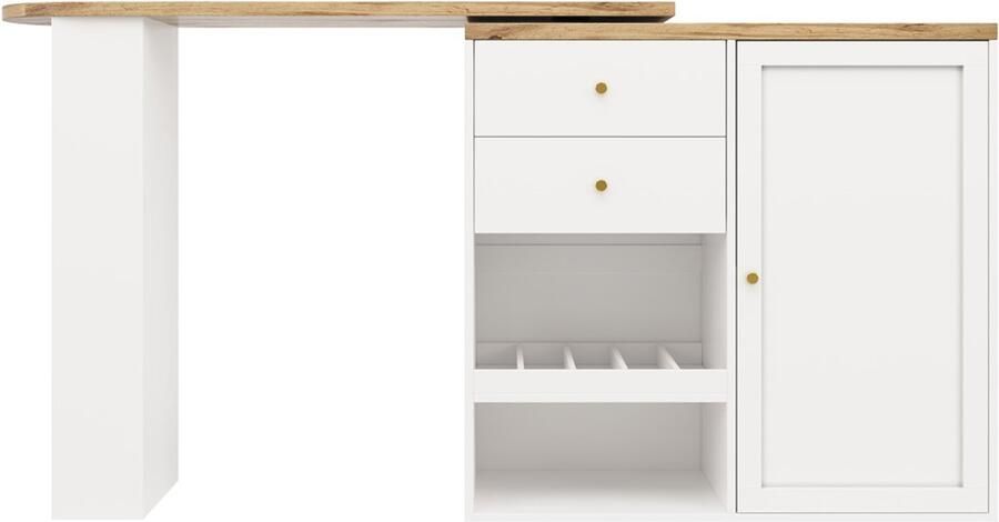 360° draaibare bartafel Multifunctionele bartafel Met 2 lades en schuifdeurkast 3 open opbergniveaus Geschikt voor eetkamer studeerkamer woonkamer enz 105 x 39 x 102 cm Wit