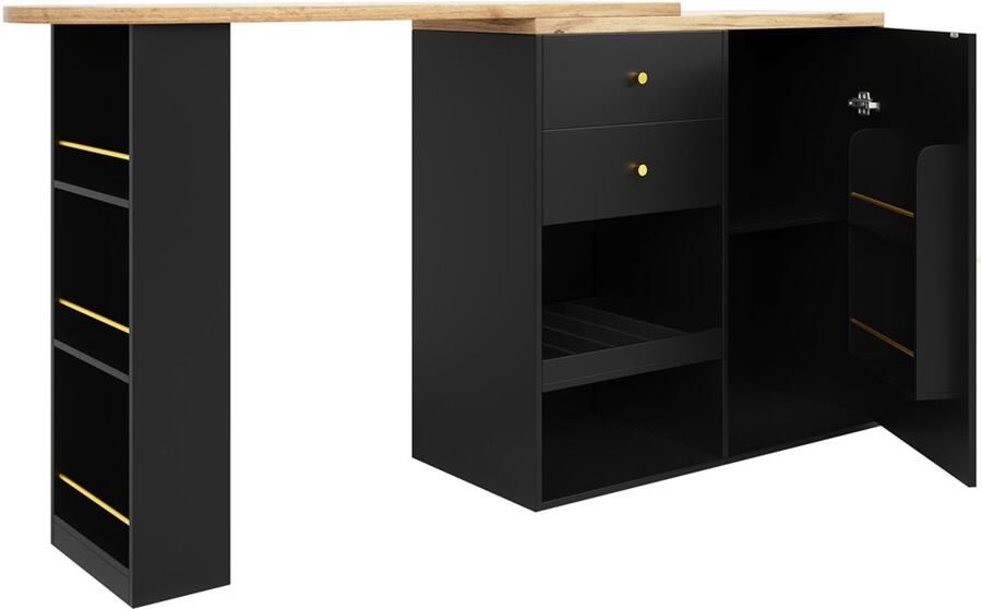 360° draaibare bartafel Multifunctionele bartafel Met 2 lades en schuifdeurkast 3 open opbergniveaus Geschikt voor eetkamer studeerkamer woonkamer enz 105 x 39 x 102 cm Zwart