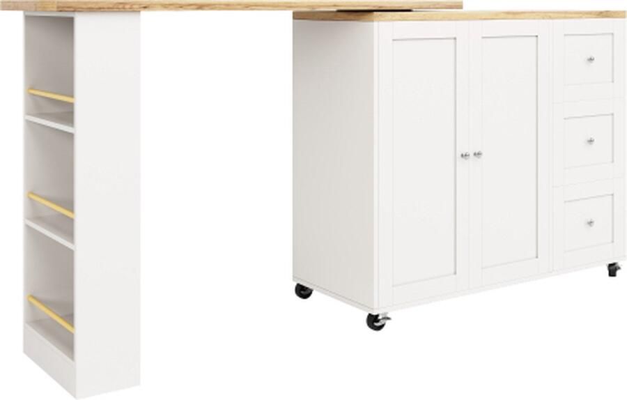 Zonder merk Gotagee 360° draaibare bartafel op wielen wit met drie lades. Wordt geleverd met snackhouder. Multifunctioneel opbergeiland geschikt voor keuken en woonkamer