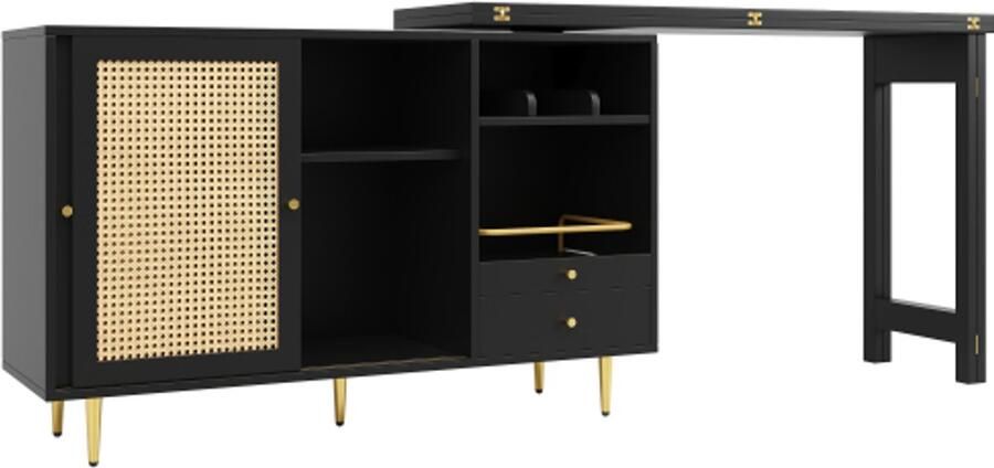 Zonder merk Gotagee 360° draaibare bartafel zwart uitschuifbare design bartafel opbergkast met rotandeur + open opbergplank geschikt voor keuken en eetkamer